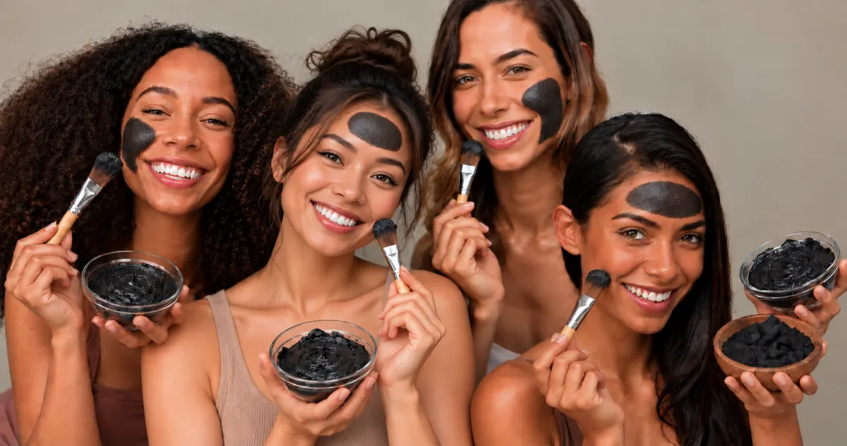 Smiling women with carbon masks applied, holding brushes and bowls of carbon