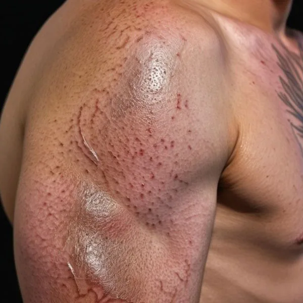 Textured acne scarring across the shoulder and upper back
