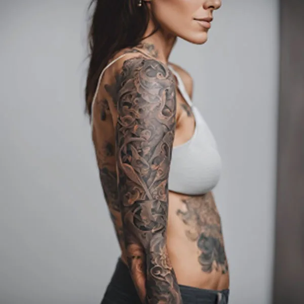 Woman with a full black-and-grey arm sleeve tattoo