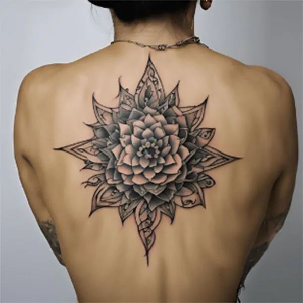 Large ornamental mandala back piece tattoo across the upper back