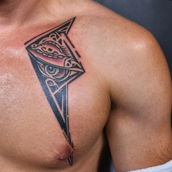 Black-and-grey geometric chest tattoo on a man's shoulder and pec